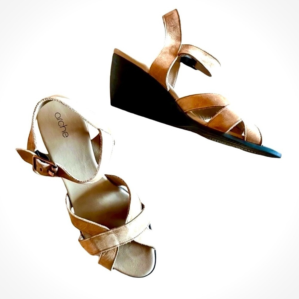 Arche Egowa Wedge Sandals Tan Suede Strap Comfort EU 41 US 9.5 - Picture 9 of 10